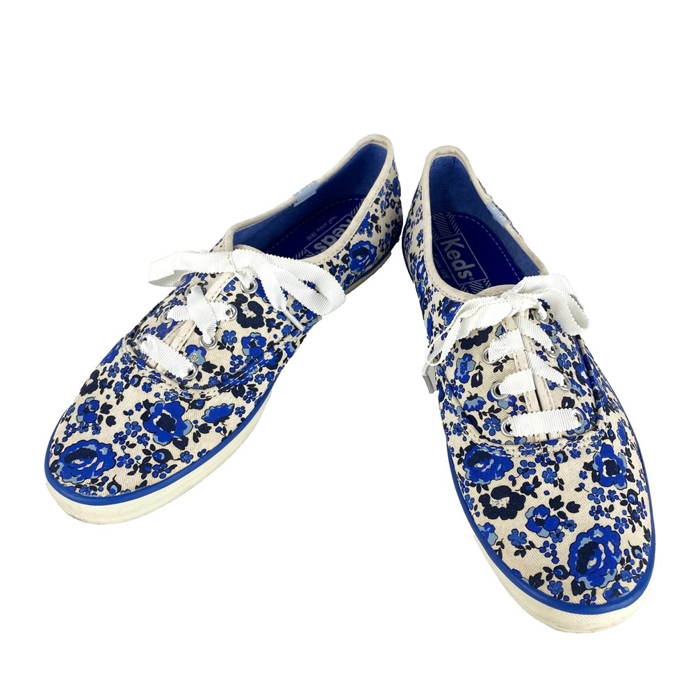 Keds Low Top Sneakers Women's 8 Blue & Cream Lace Up LKNU Tennis Shoes 39 Floral